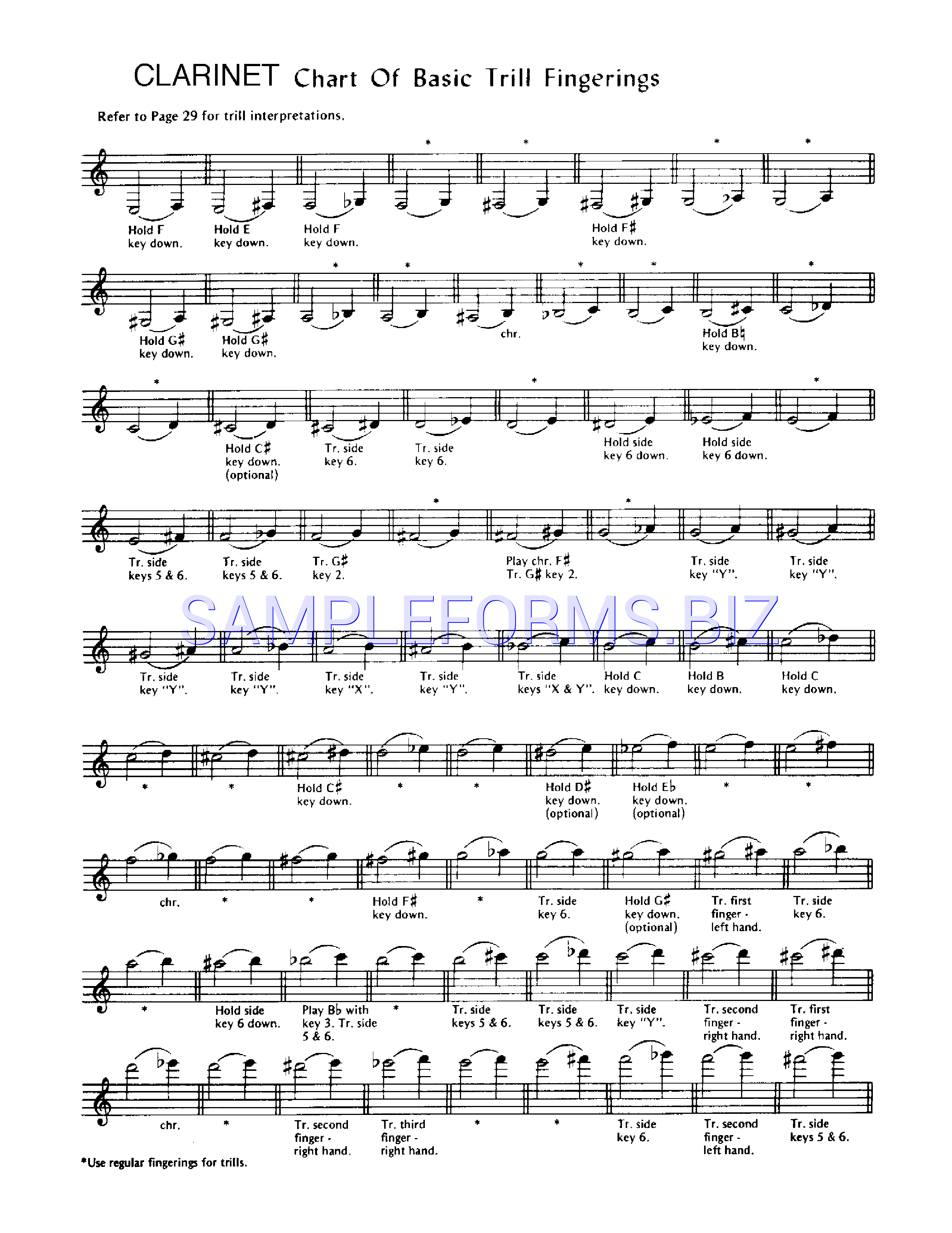 Preview free downloadable Clarinet Fingering Chart in PDF (page 2)